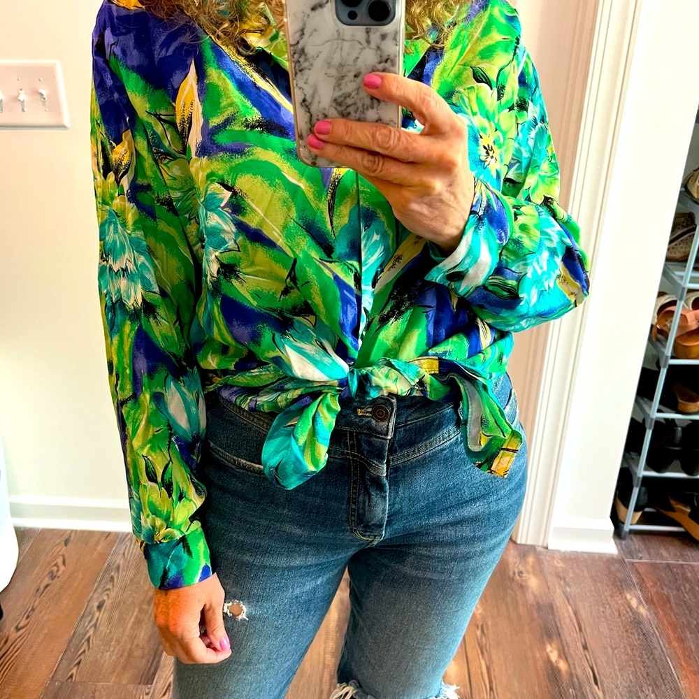 Vintage Green and Blue Floral Tie-Front Blouse